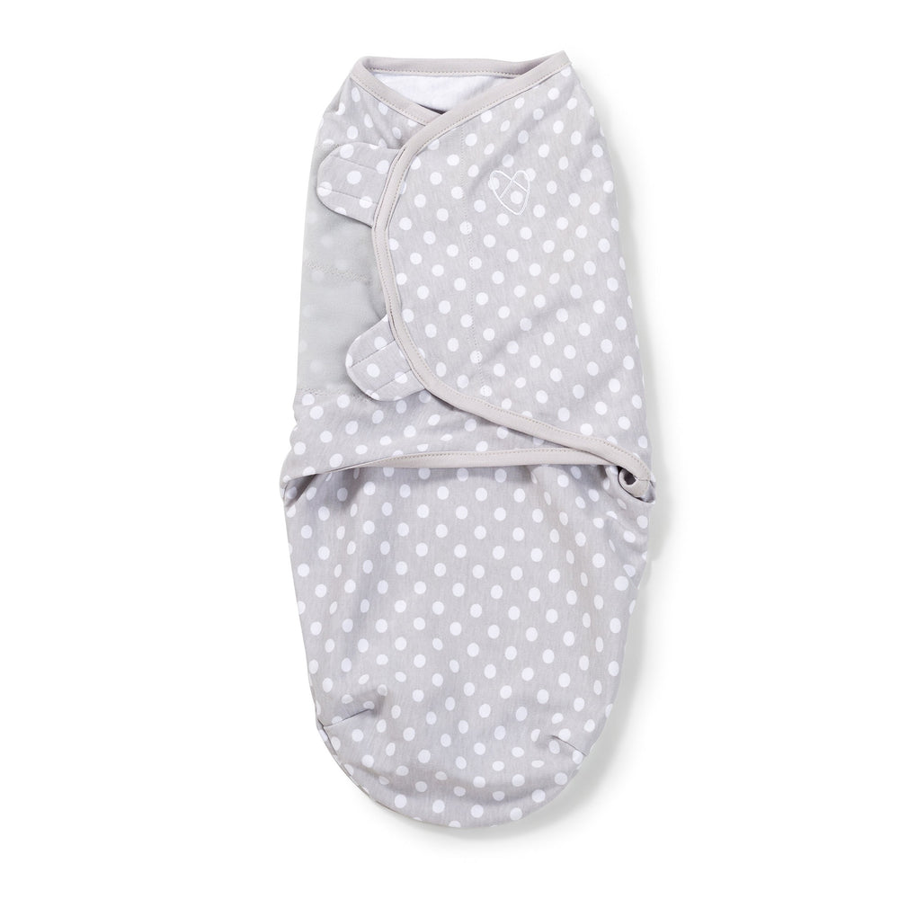 SwaddleMe Original Swaddle small Grey Dot Stripe wings extended for secure snug fit.