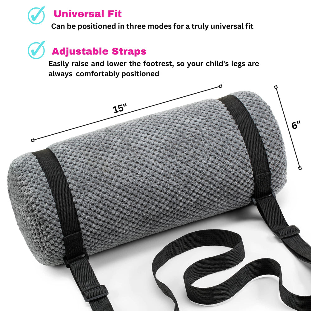 Swanoo foot rest with adjustable strap enabling universal fit across car seats and boosters.