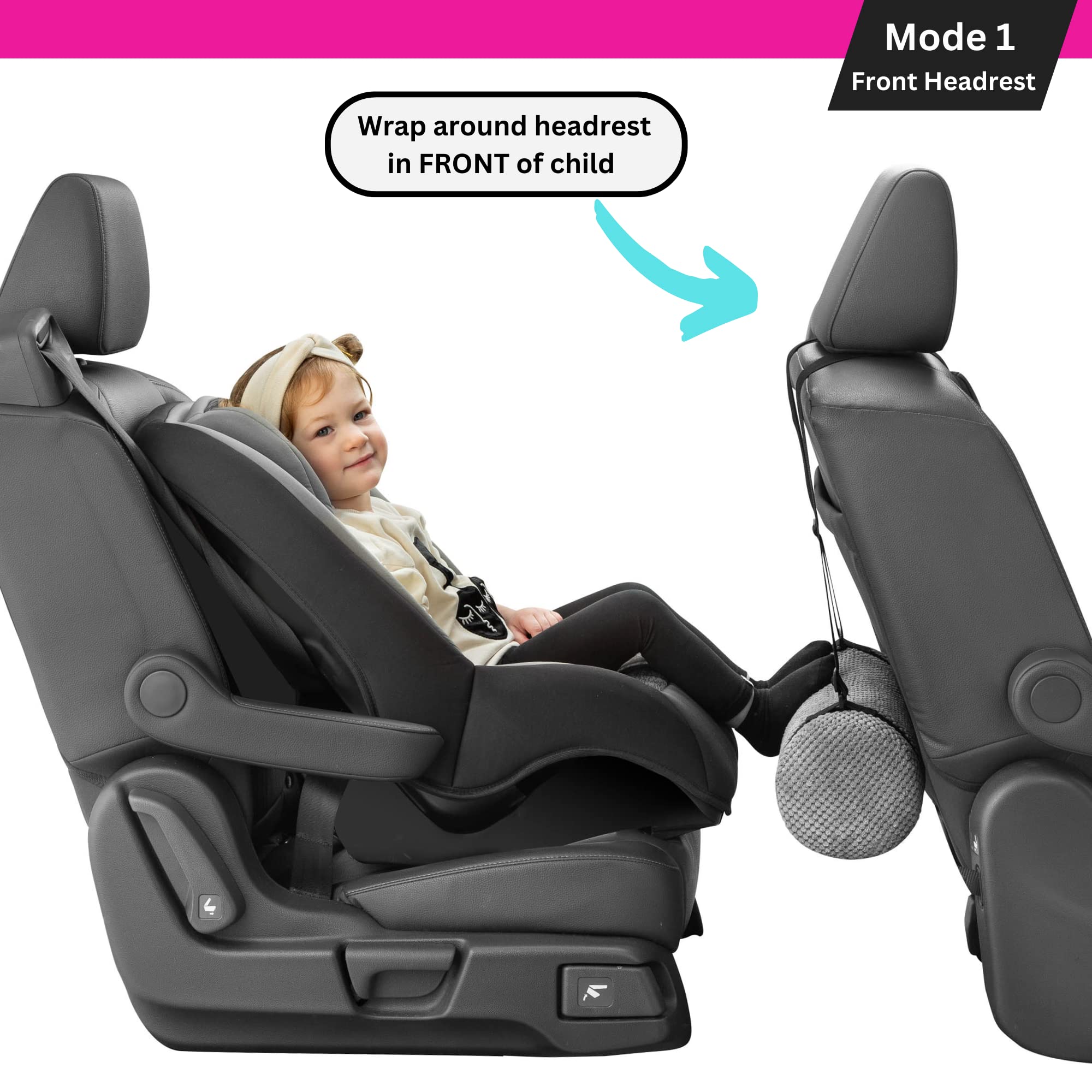 Swanoo dual position options allow wrapping, hanging, or rear headrest attachment for height.