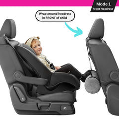 Swanoo dual position options allow wrapping, hanging, or rear headrest attachment for height.