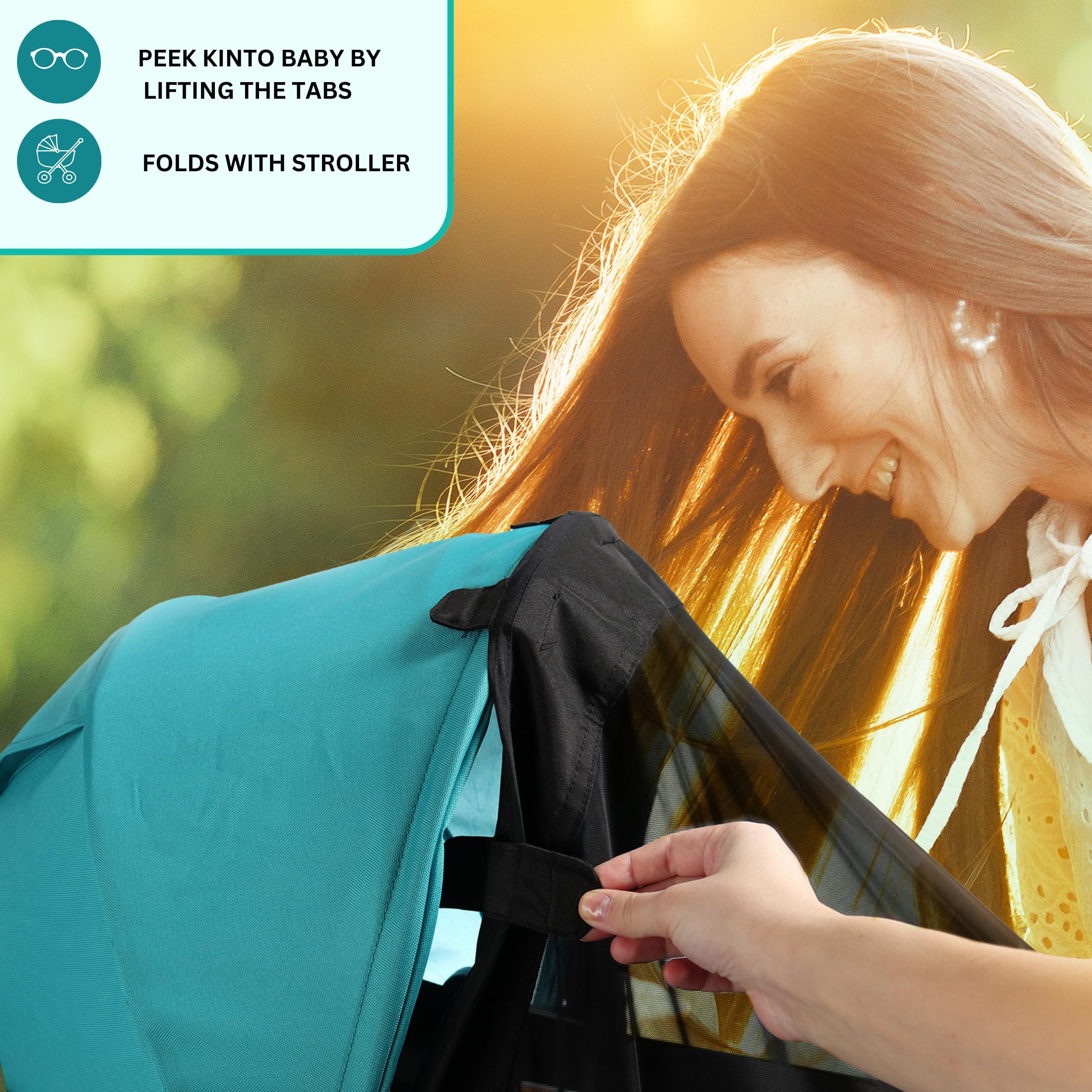 Swanoo shade remains attached to folded stroller for convenient travel.