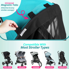 Swanoo magnetic attachment tabs enabling quick secure attachment to a stroller.
