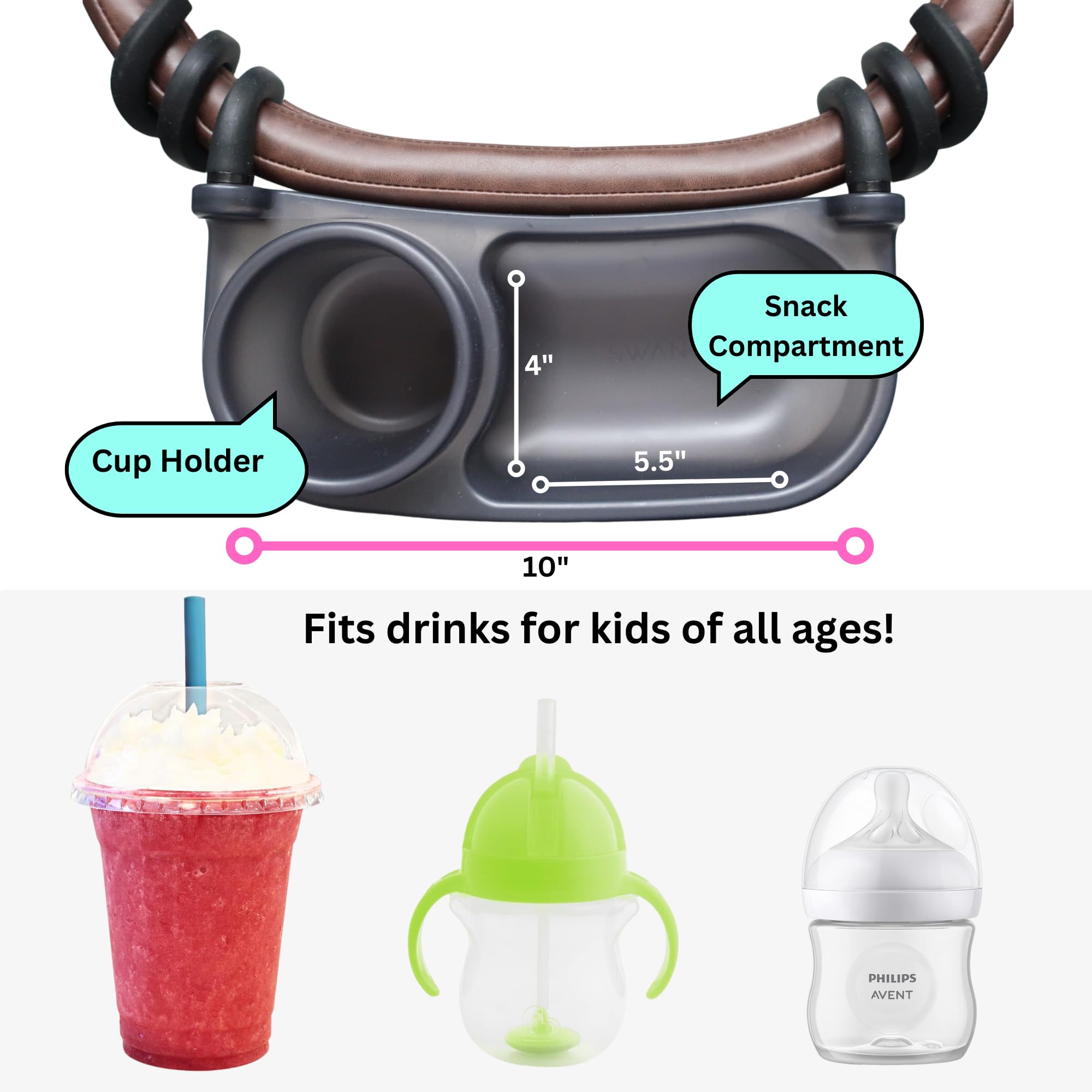 Swanoo snack tray cup holder closeup highlighting bottle compatibility.