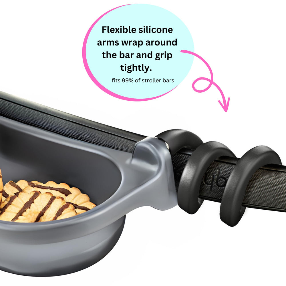 Swanoo universal-fit clip demonstrates easy mounting on any stroller bar.
