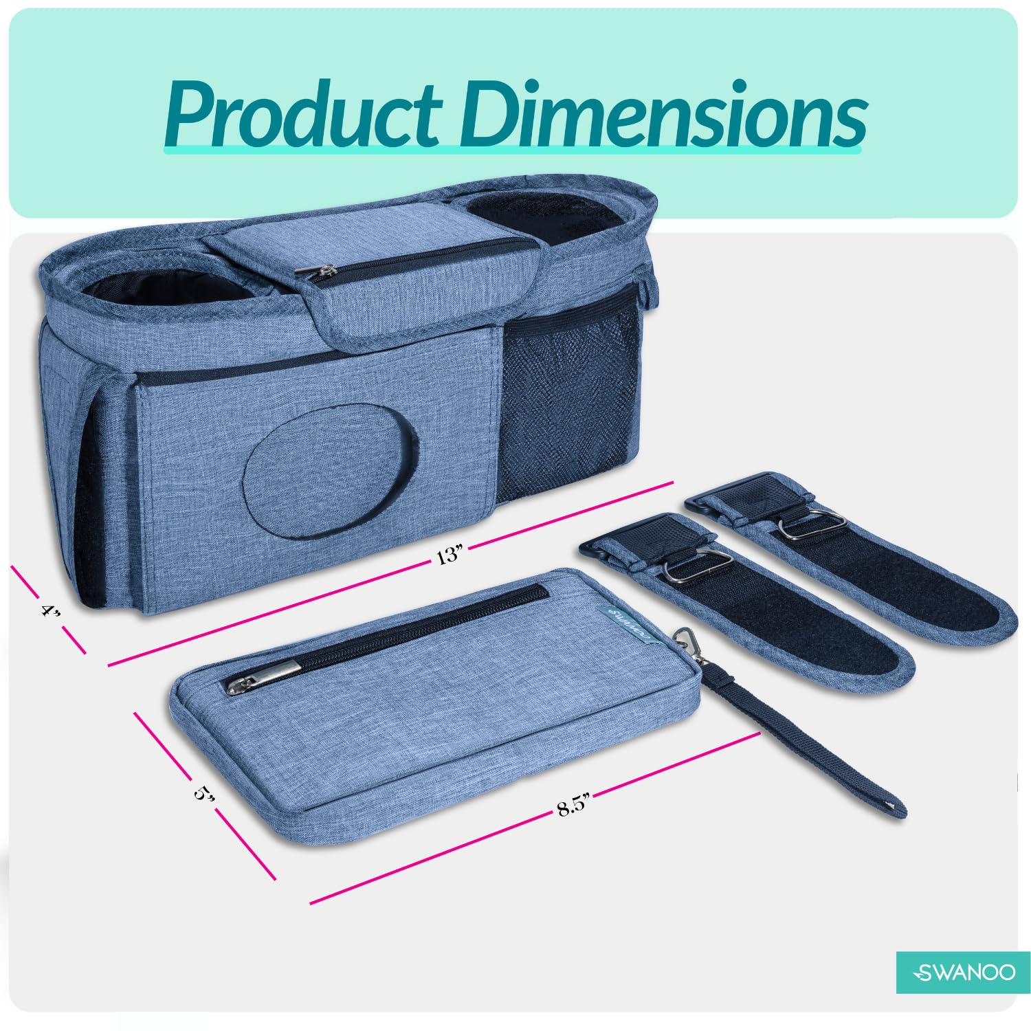 Swanoo stroller caddy expandable wipes pocket fits different wipe sizes.