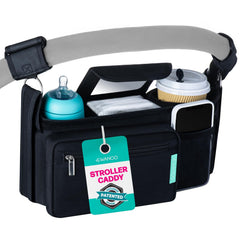 Swanoo stroller caddy non-slip strap secures any handlebar during strolls.