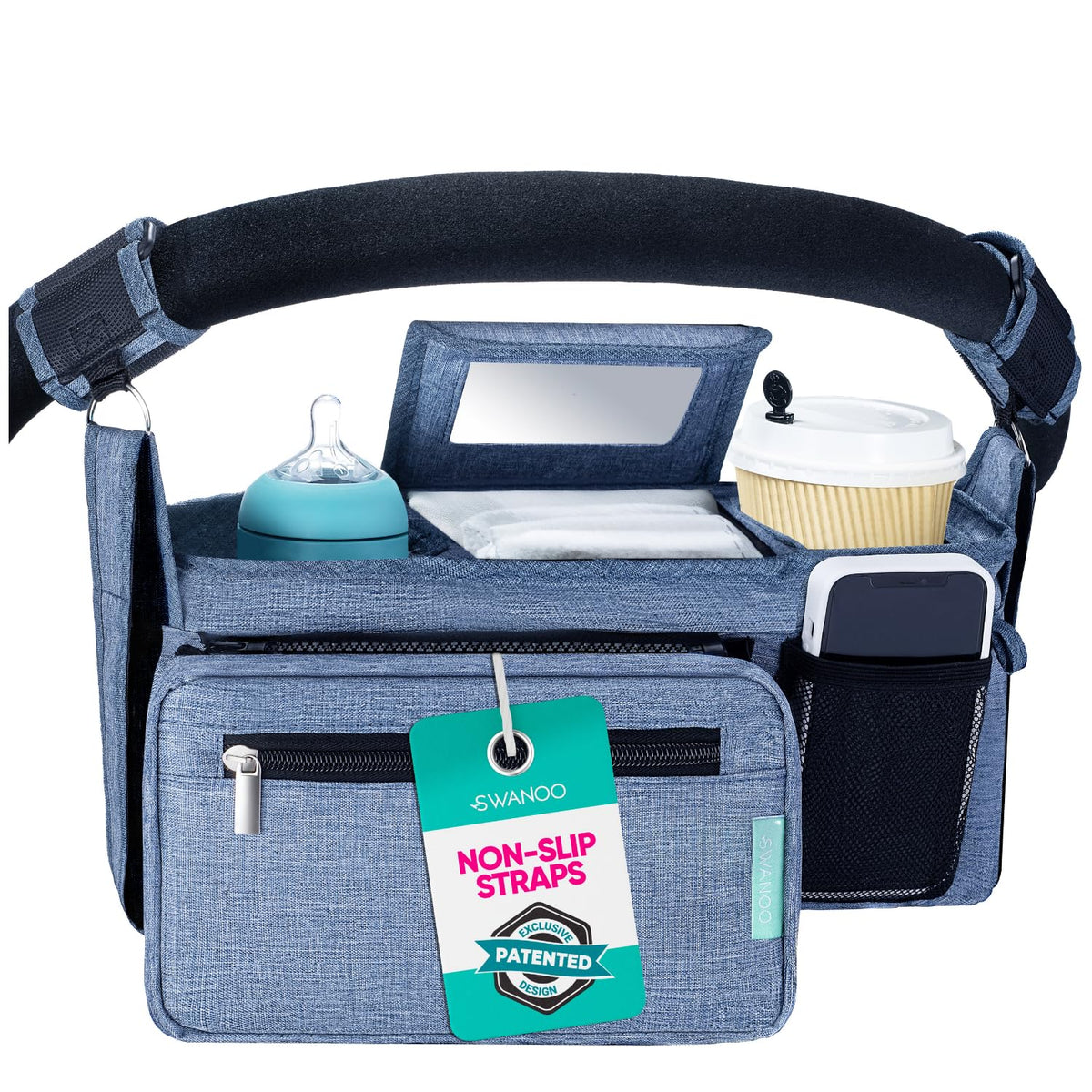 Swanoo stroller caddy non-slip straps secure your handlebar for universal fit.