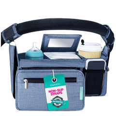 Swanoo stroller caddy non-slip straps secure your handlebar for universal fit.