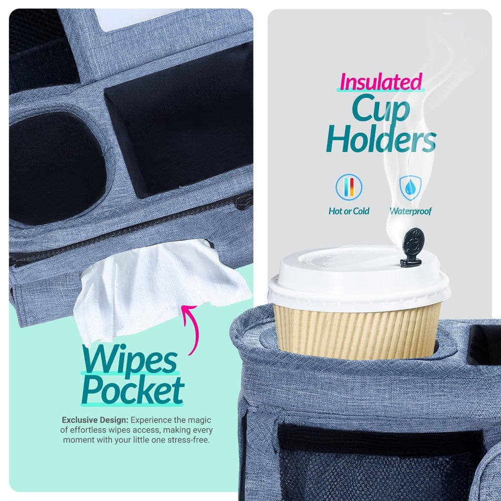 Swanoo stroller caddy removable wristlet pouch for carrying essentials separately.