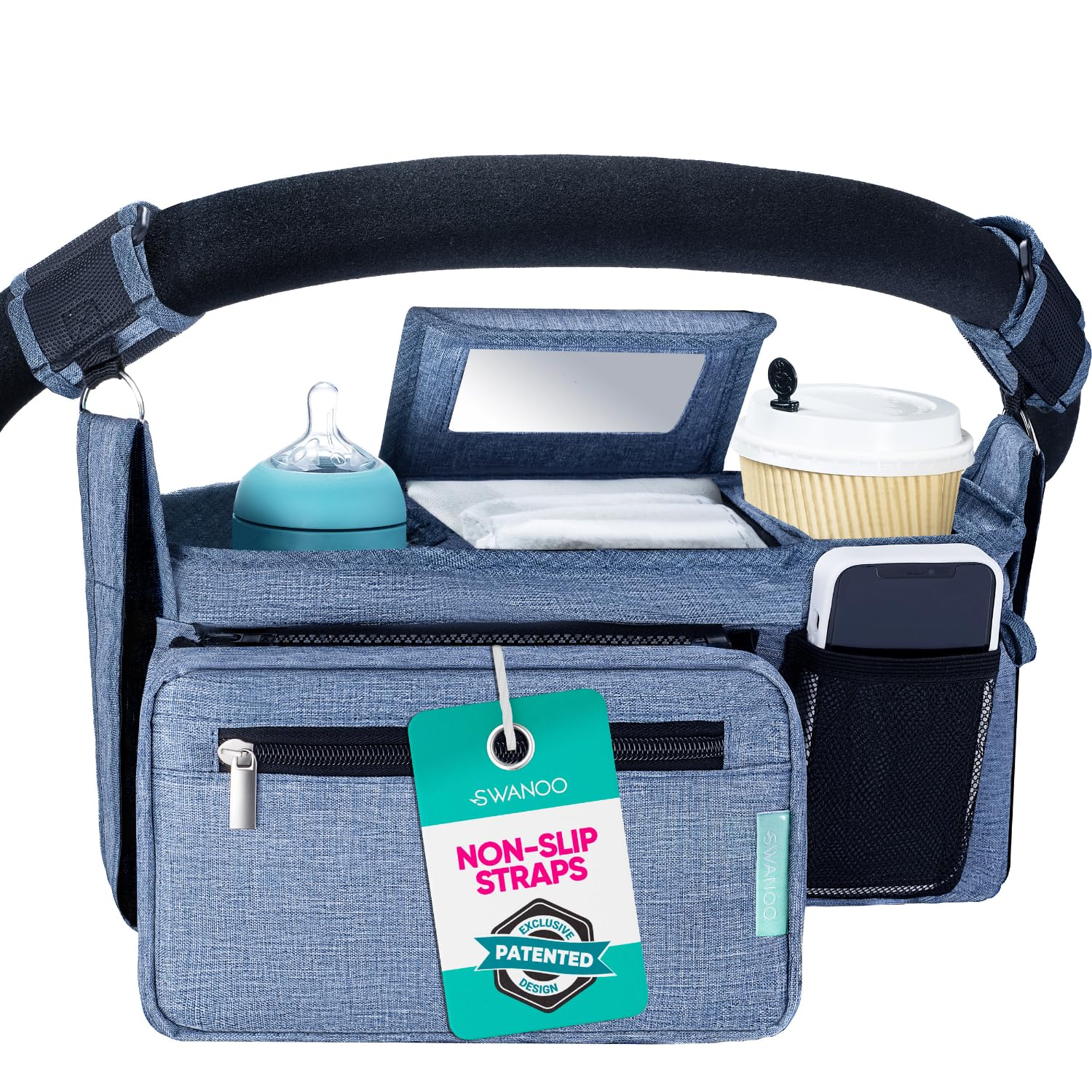 Swanoo stroller caddy roll-down mesh bag adds extra storage space.