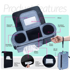 Swanoo stroller caddy XL cup holder holds large bottles on outings.
