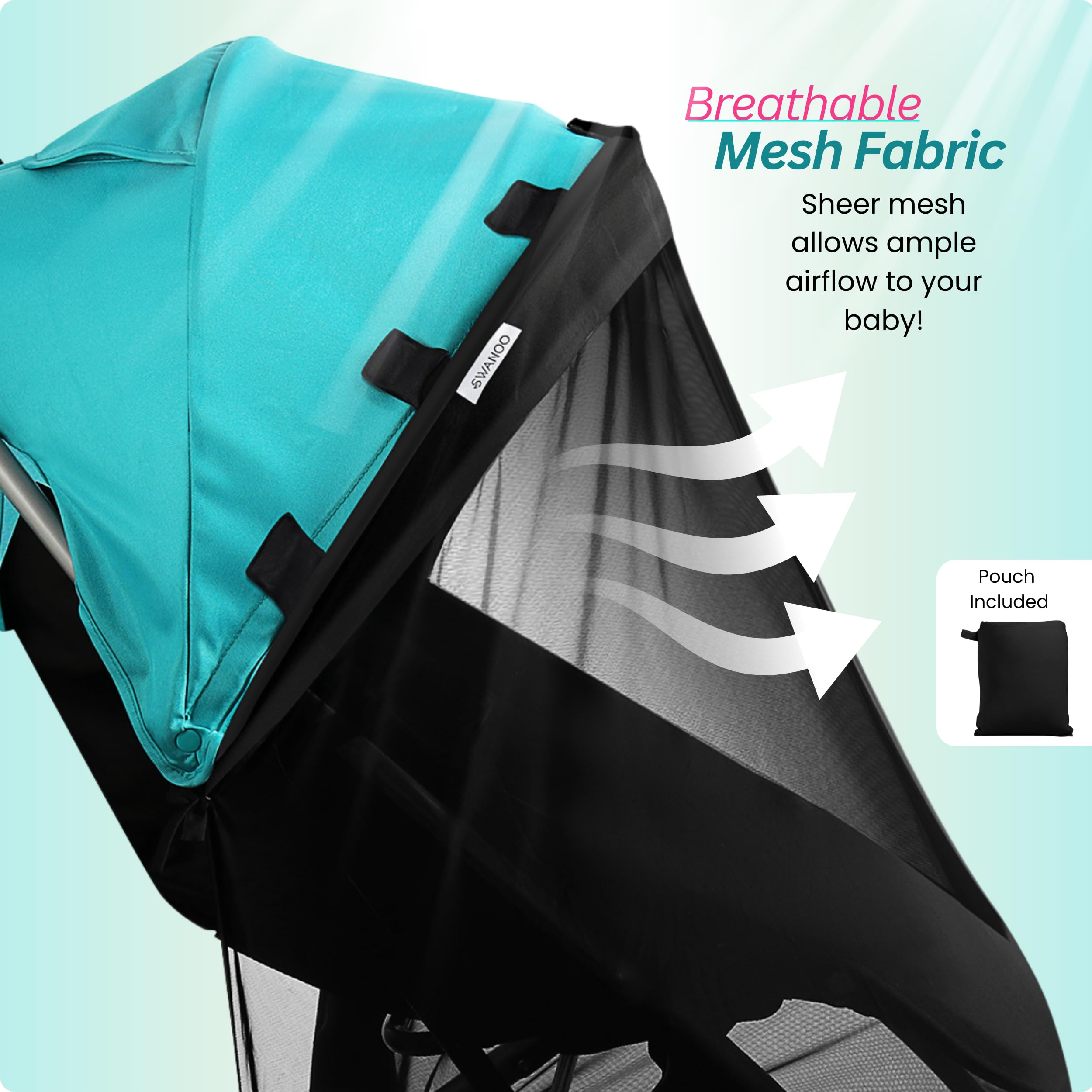 Swanoo universal-fit net shown fitting multiple stroller models for versatility.