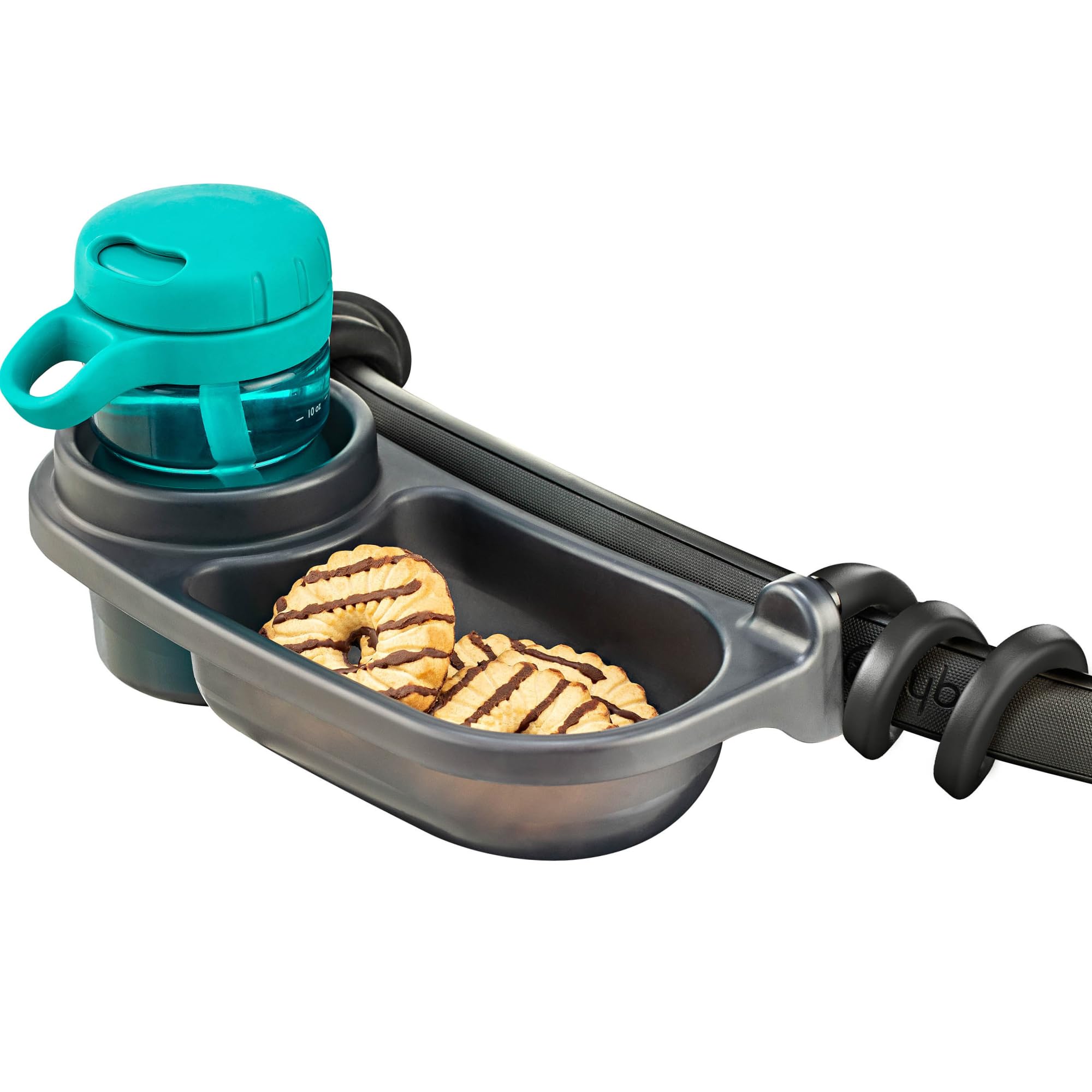 Swanoo universal stroller snack tray on the go use scenario showing mess-minimizing setup.