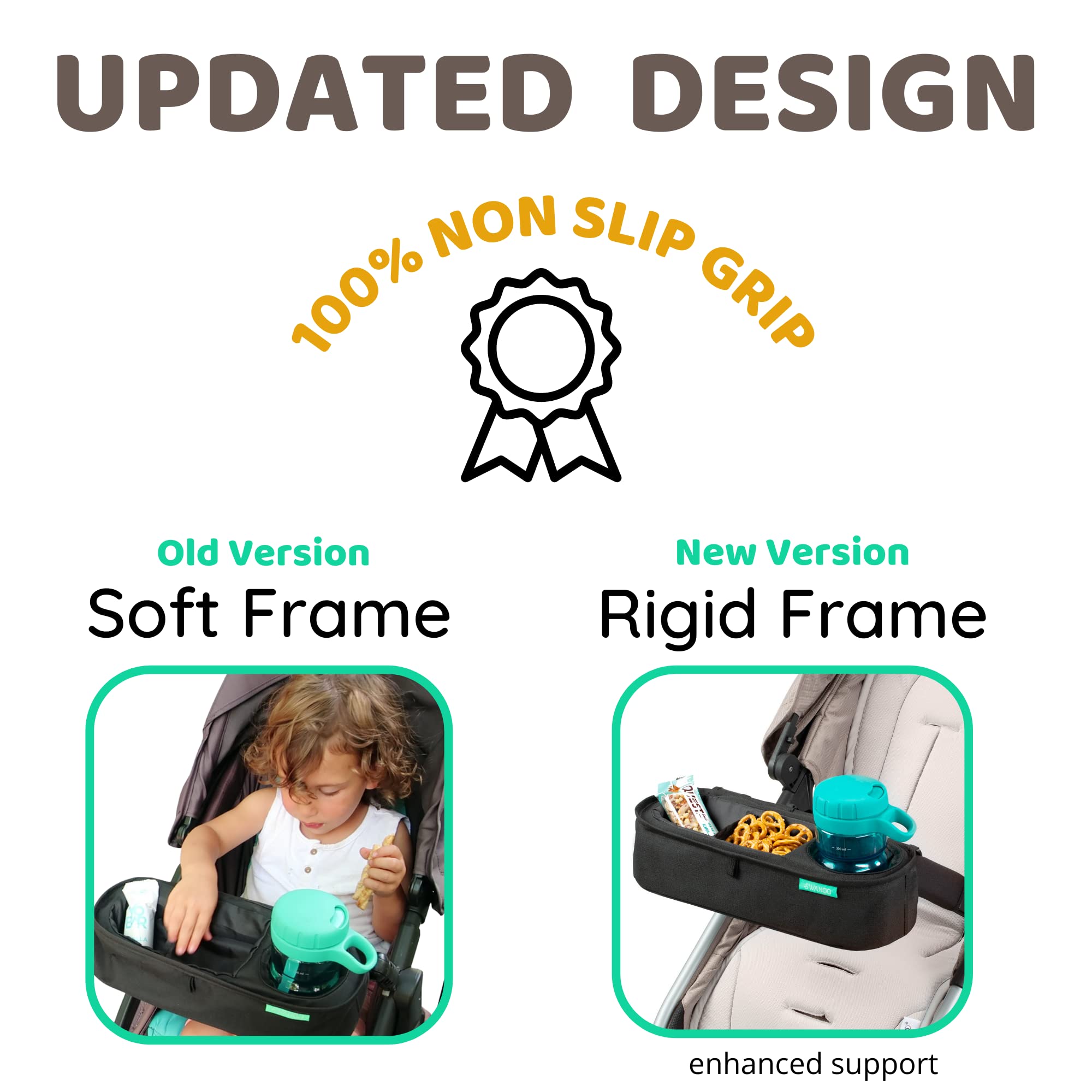 Swanoo stroller tray rigid frame keeps tray upright during walks.