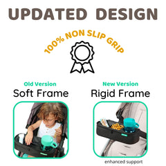 Swanoo stroller tray rigid frame keeps tray upright during walks.