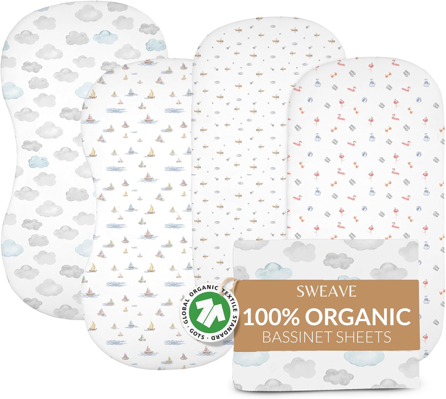 Sweave bassinet sheets pack-shot highlighting four-pack convenience for quick nursery changes.