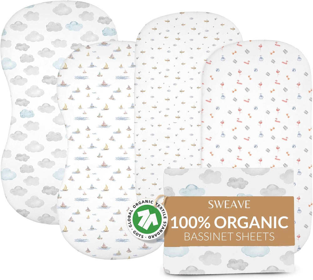 Sweave bassinet sheets pack-shot highlighting four-pack convenience for quick nursery changes.