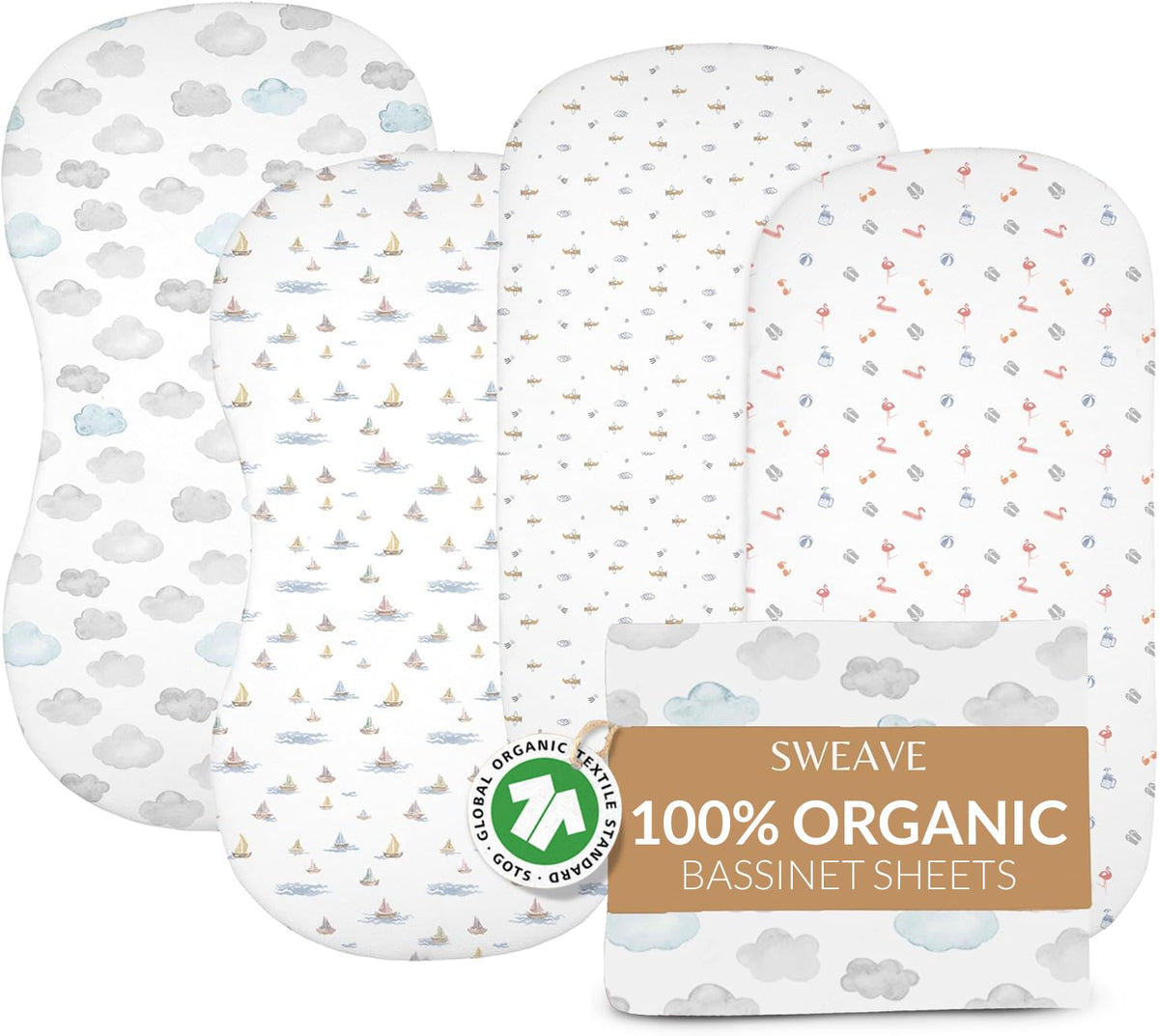 Sweave bassinet sheets pack-shot highlighting four-pack convenience for quick nursery changes.