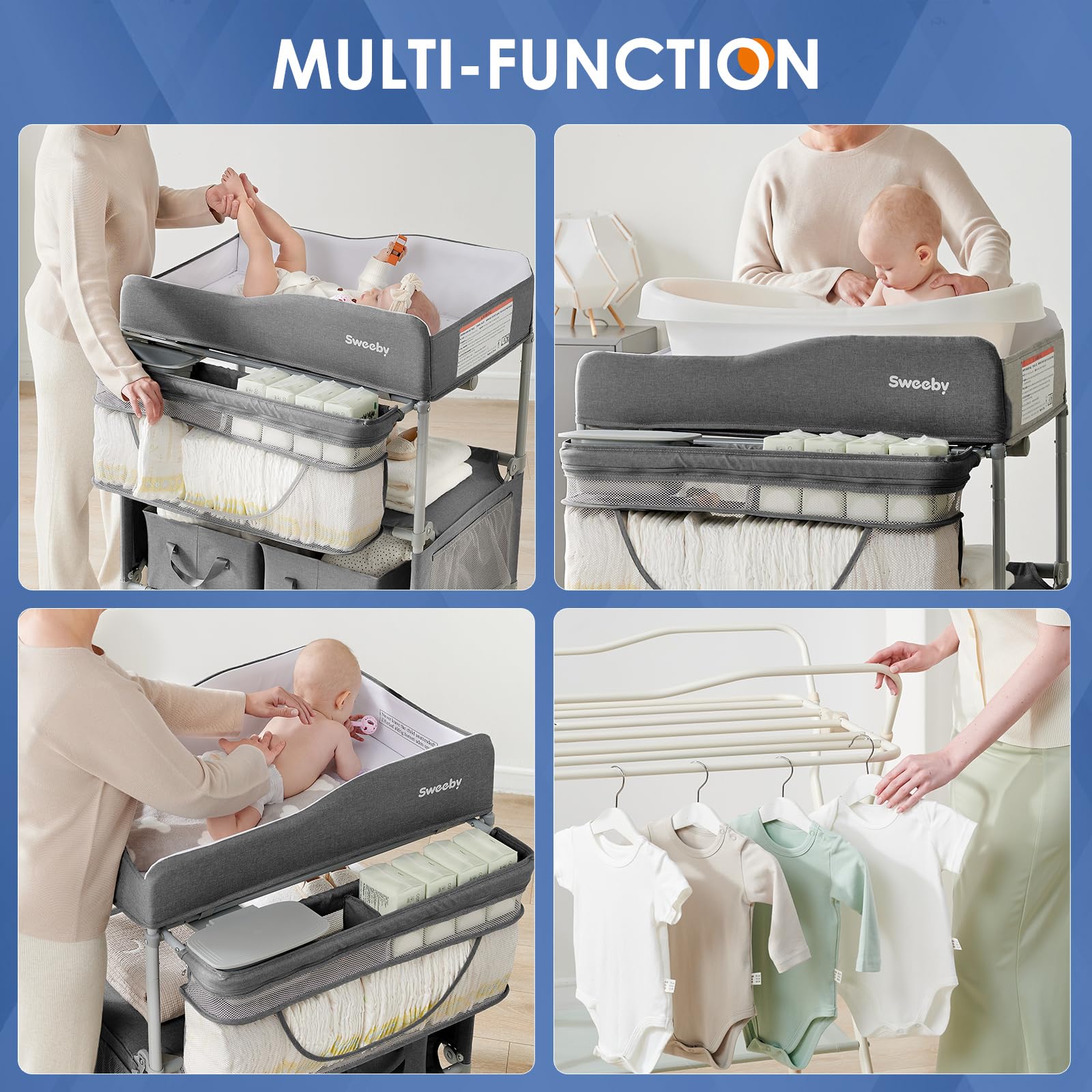 Sweeby adjustable-height legs provide comfortable diaper changes for caregivers of different heights.
