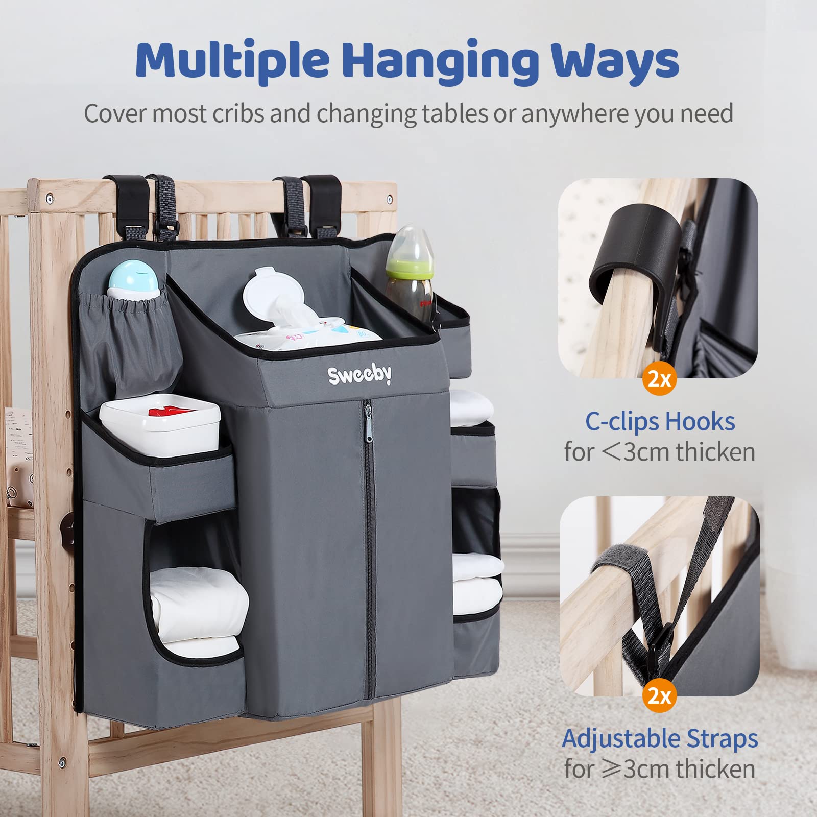 Sweeby adjustable straps and C-clips enable versatile mounting on cribs or tables