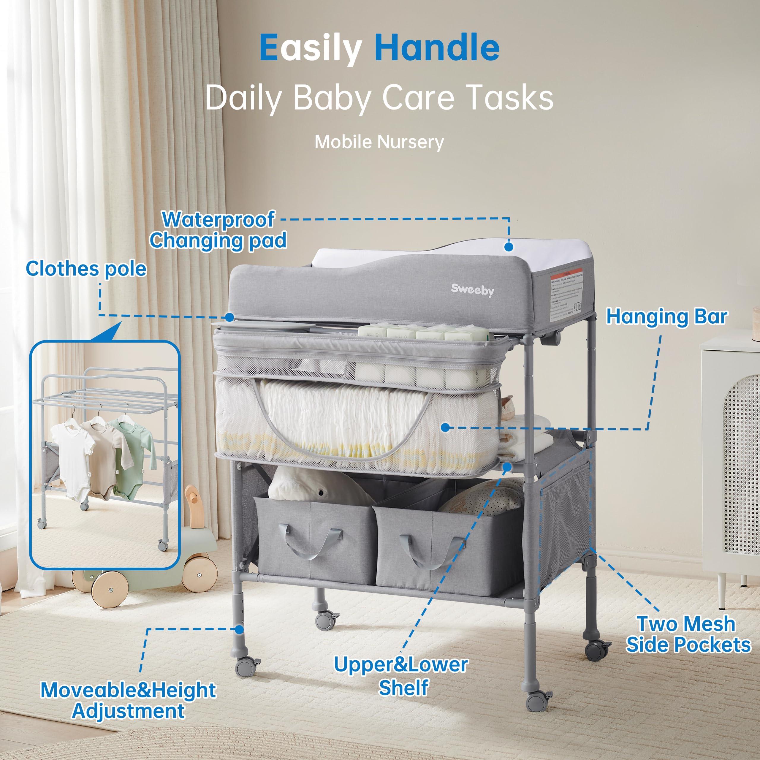 Sweeby changing table height-adjustable from 33.46 to 36.42 inches for comfortable diapering.
