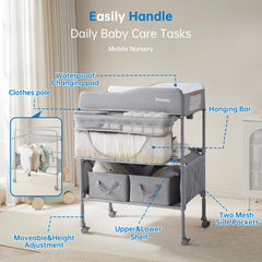 Sweeby changing table height-adjustable from 33.46 to 36.42 inches for comfortable diapering.