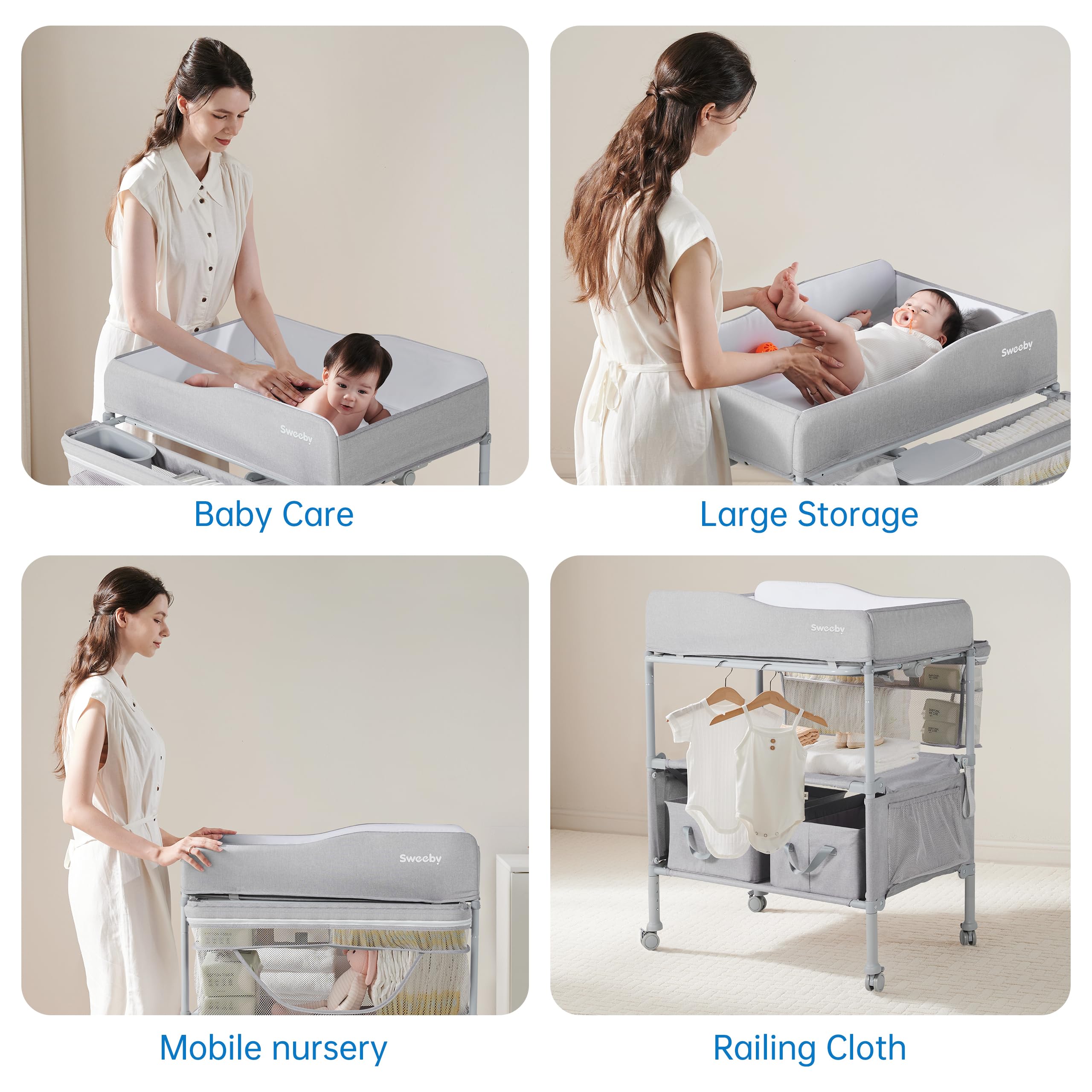 Sweeby changing table with mute wheels glides smoothly without floor scratches.