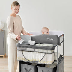 Sweeby changing table with side pockets keeps baby essentials organized within reach.