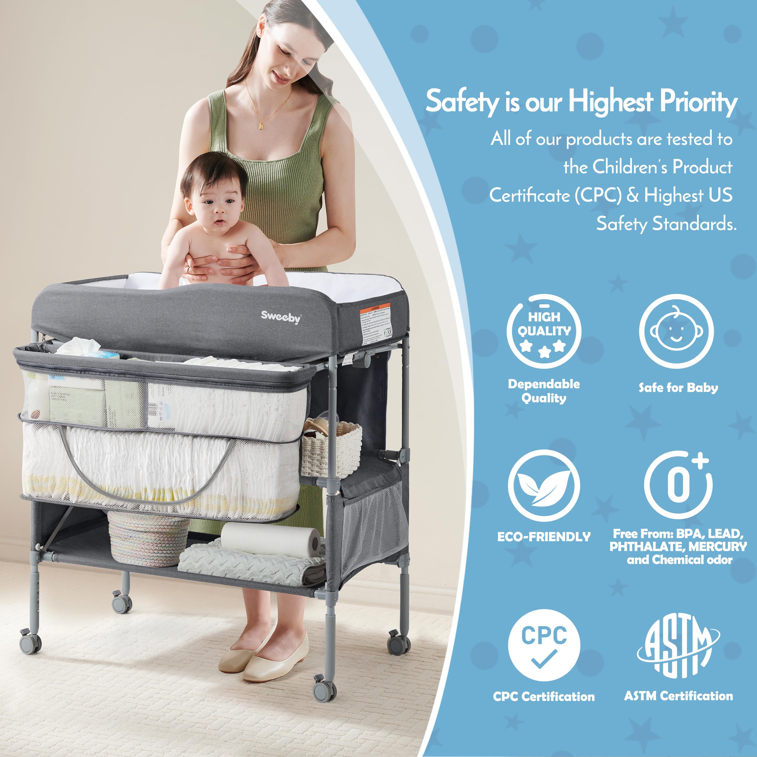 Sweeby changing table two shelves side pockets for quick access to essentials