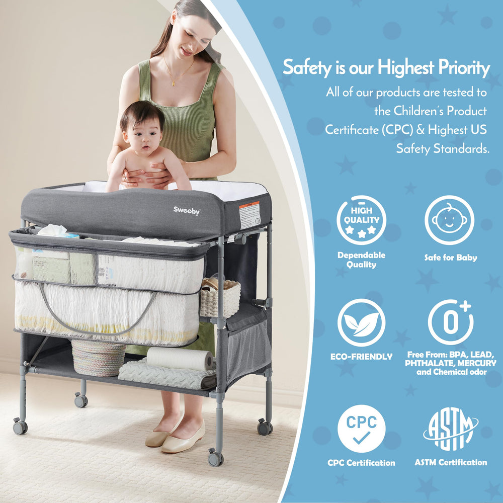 Sweeby changing table two shelves side pockets for quick access to essentials