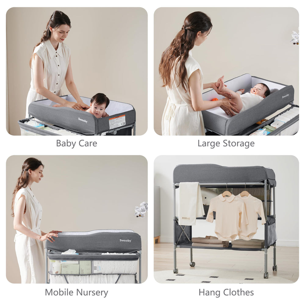 Sweeby changing table with lockable wheels for smooth floor mobility