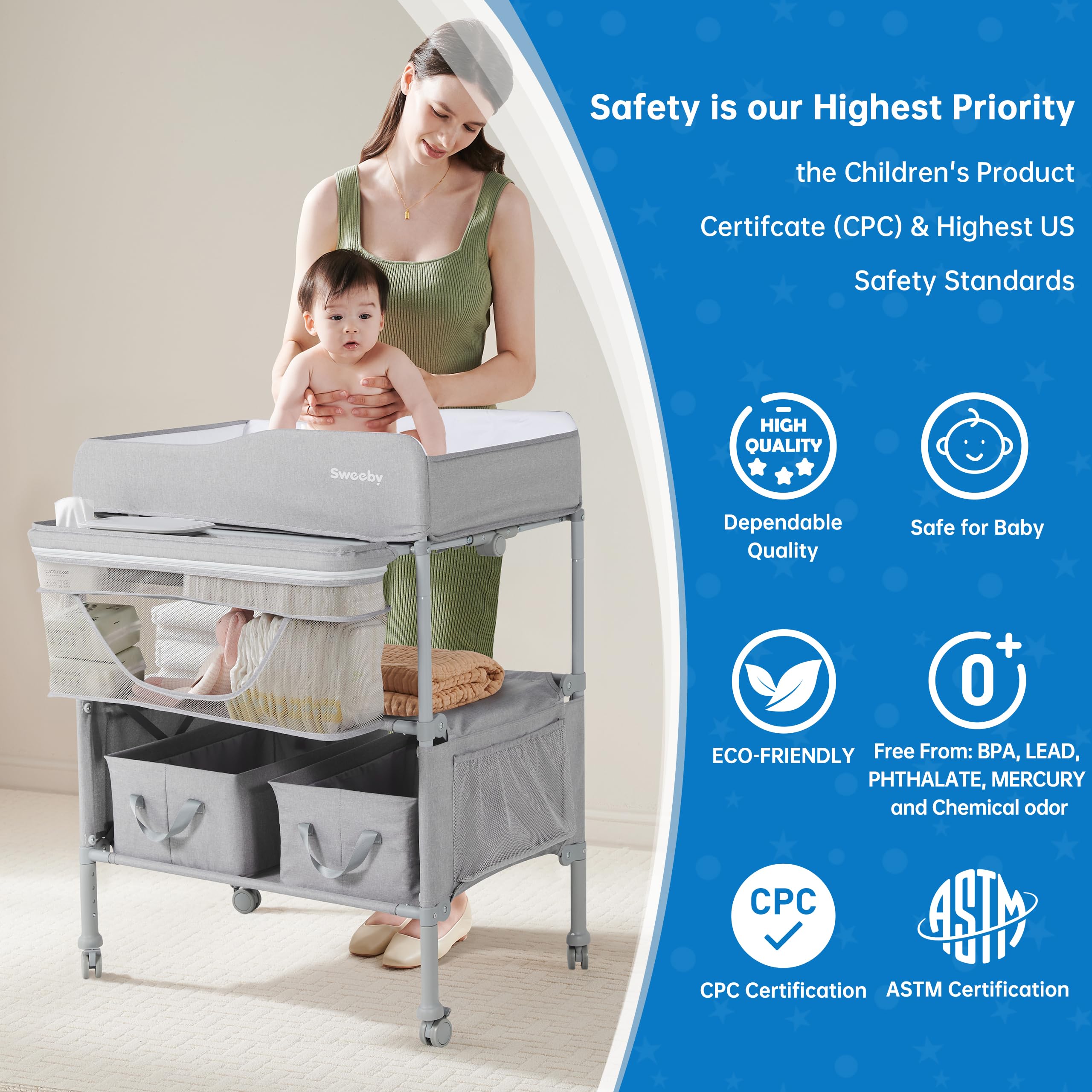 Sweeby clothes rail and pockets organize outfits and blankets for easy access.