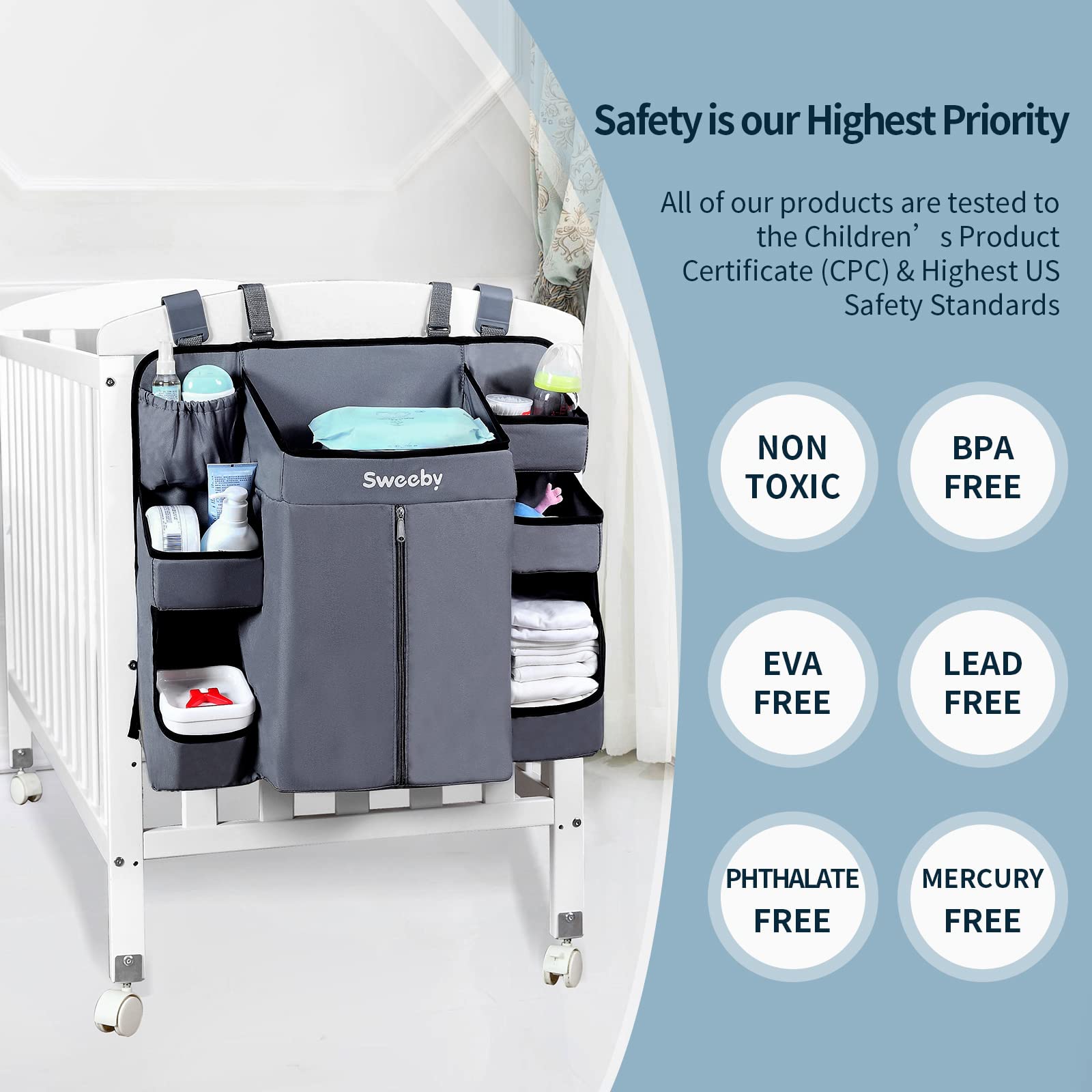 Sweeby crib nursery organizer keeps baby essentials organized for easy access