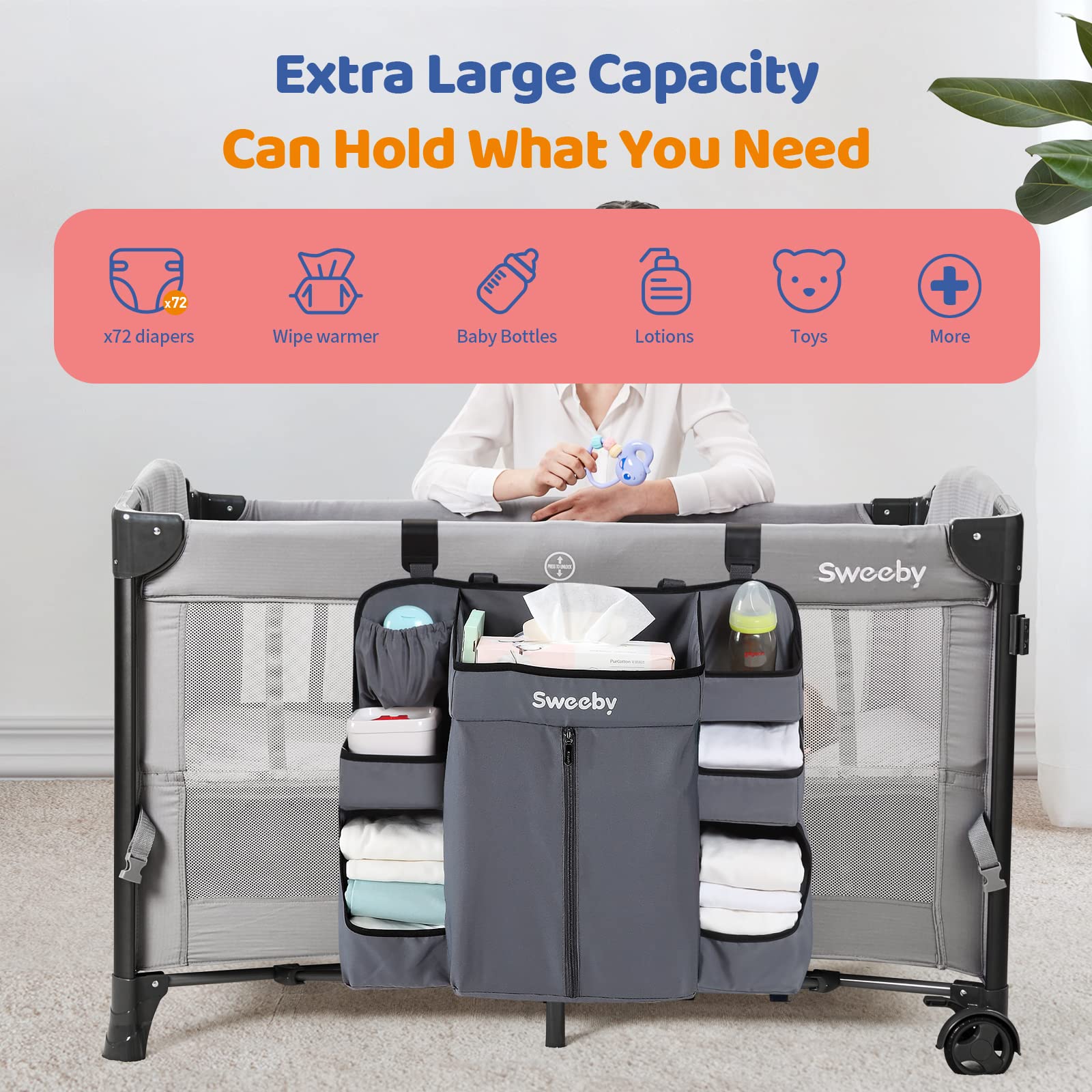 Sweeby deep-pocket organization keeps supplies from slipping, ideal for quick diaper changes