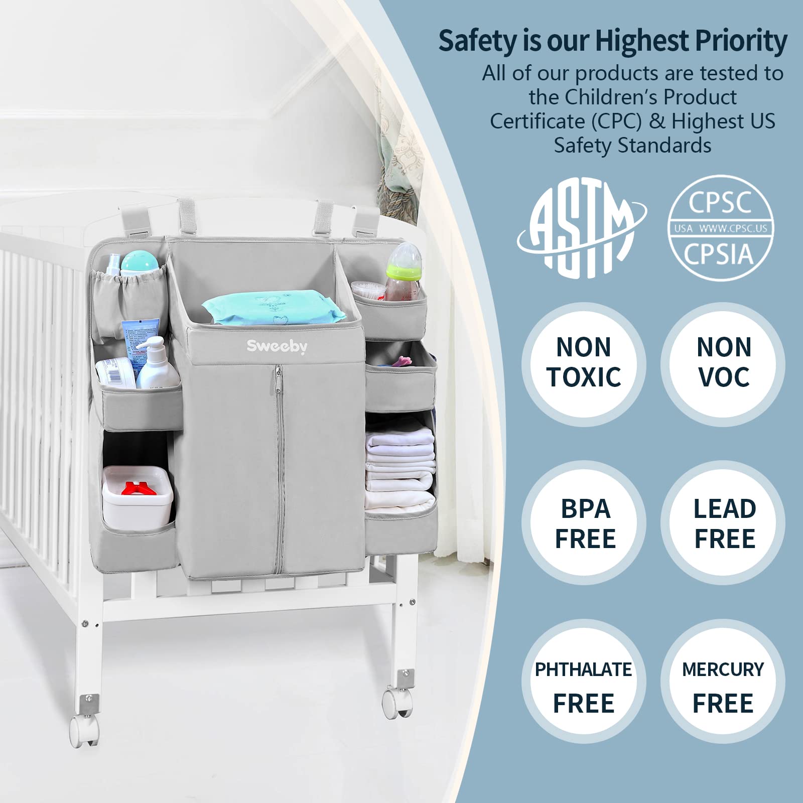 Sweeby full-shelf view highlighting organized storage for diapers and lotions