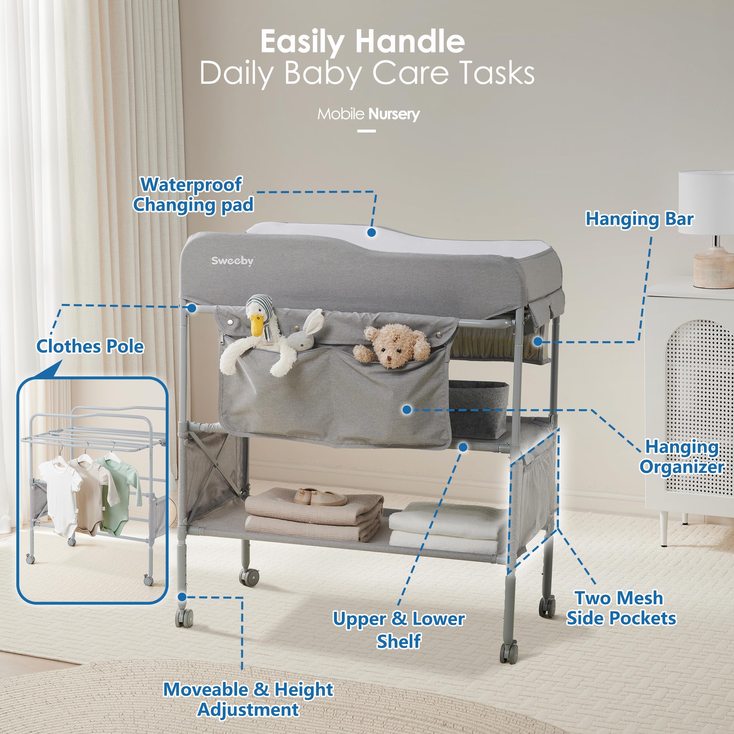 Sweeby foldable-diaper-station assembled demonstrates space-saving portability