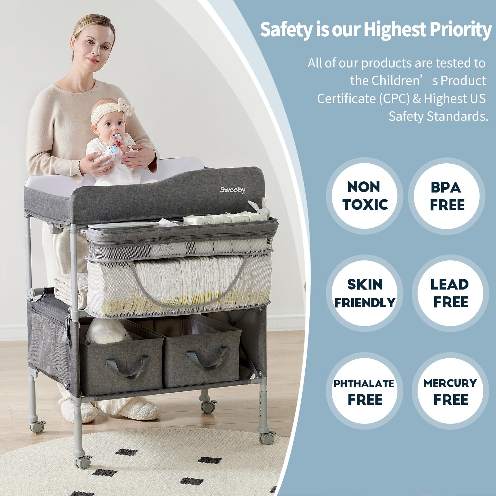 Sweeby folding mechanism allows quick, easy collapse for space-saving storage.