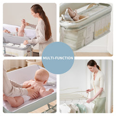 Sweeby organizer with shelves keeps diapers and wipes within reach during naptime