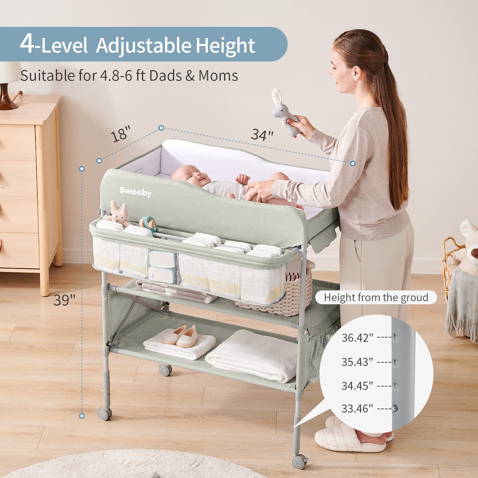 Sweeby portable baby changing table as a compact dresser and changing station.