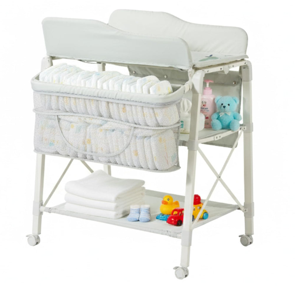 Sweeby portable baby changing table folded for compact storage and travel-ready setup.