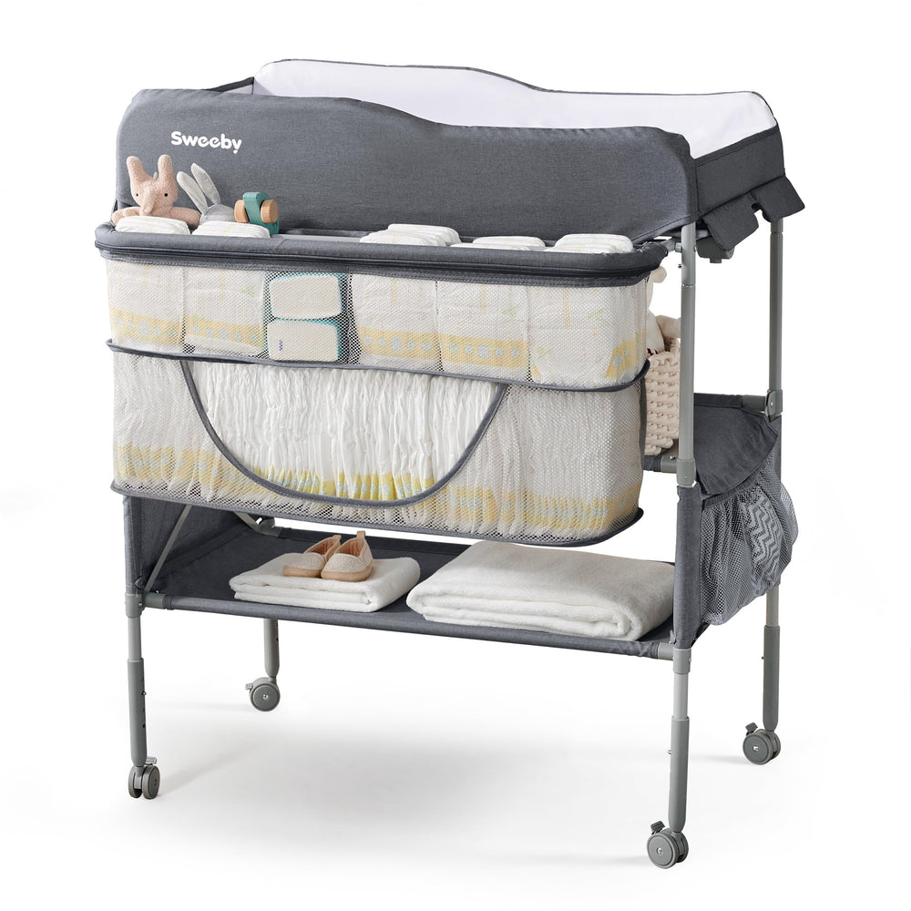 Sweeby portable baby changing table folded for compact storage and easy transport