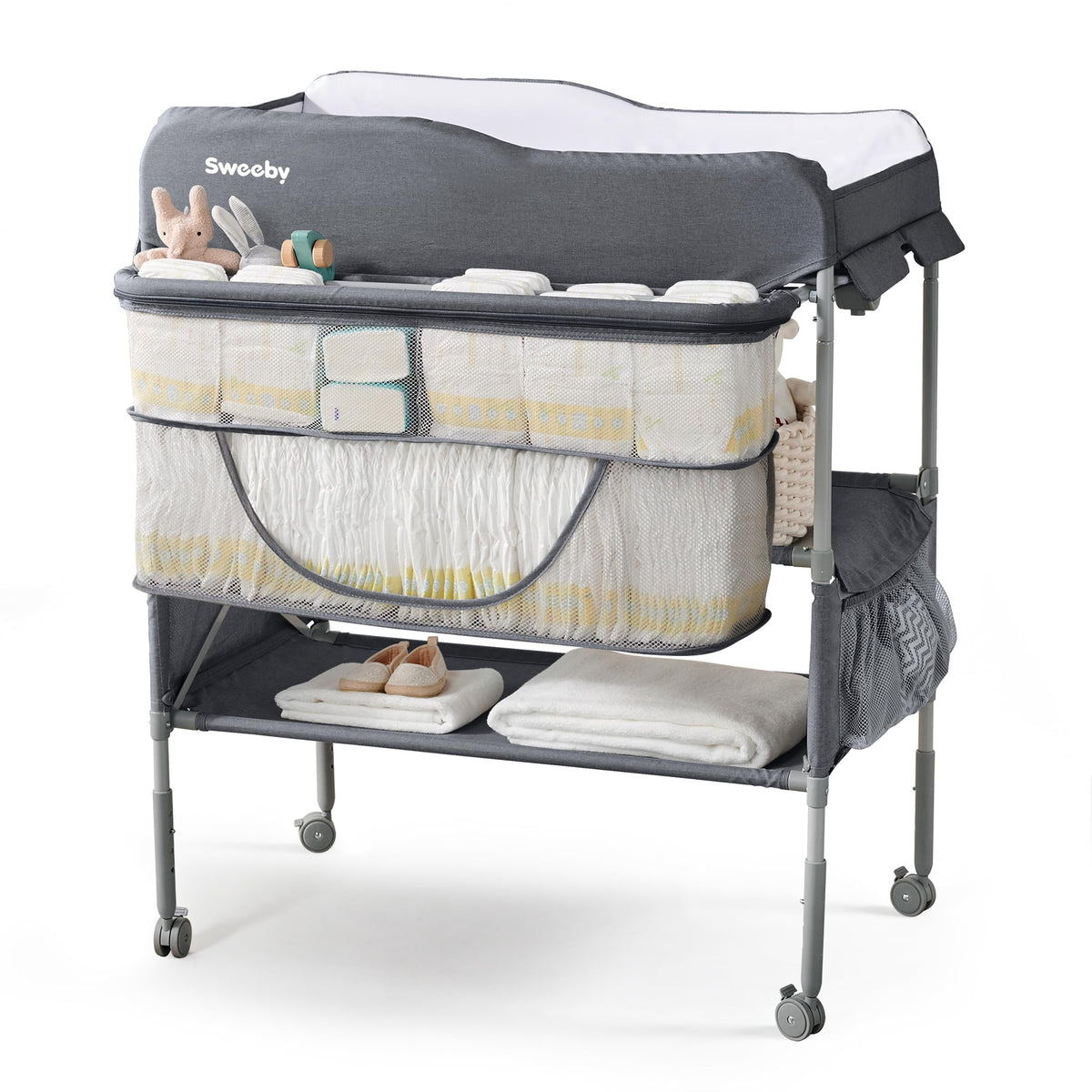 Sweeby portable baby changing table folded for compact storage and easy transport