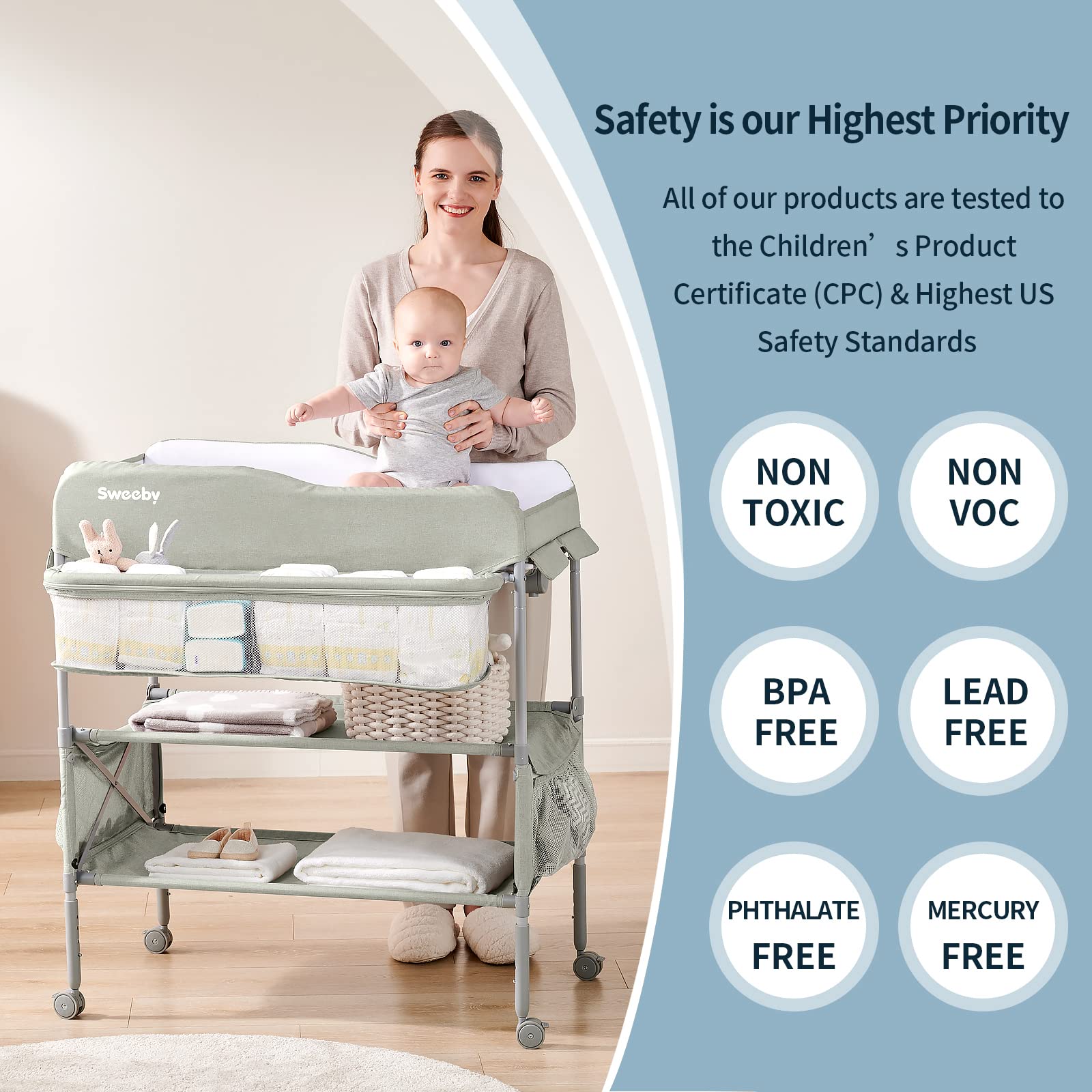 Sweeby portable baby changing table wheels enable smooth, quiet mobility.
