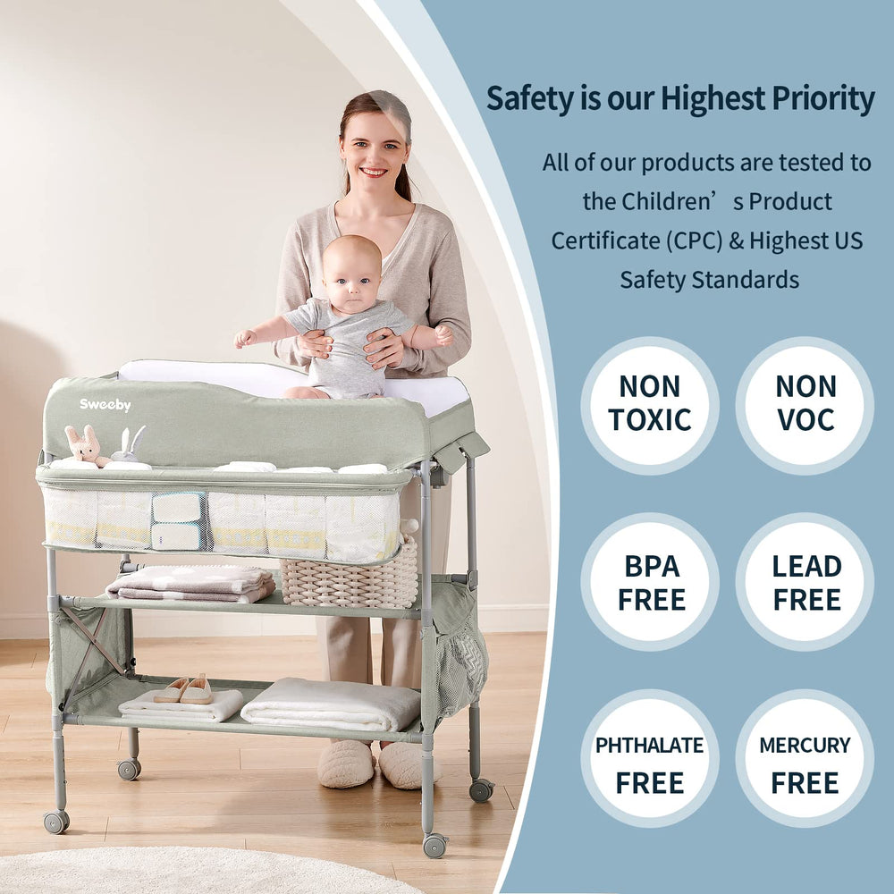 Sweeby portable baby changing table wheels enable smooth, quiet mobility.
