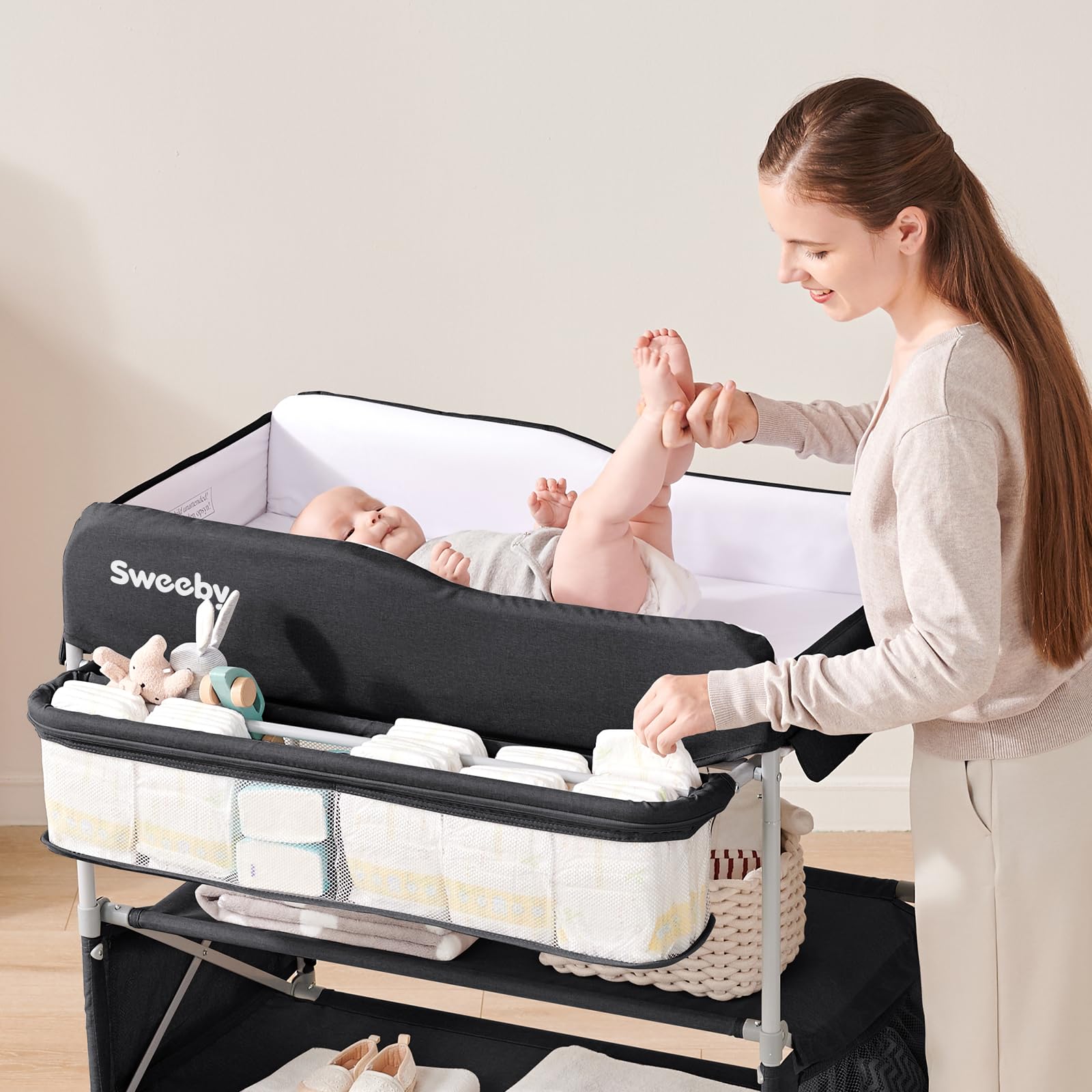 Sweeby portable changing table assembled at low height for easy diapering sessions