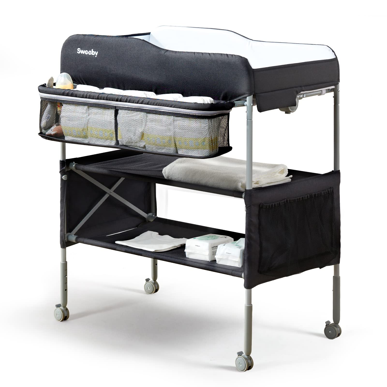 Sweeby portable changing table folded for compact storage and quick move