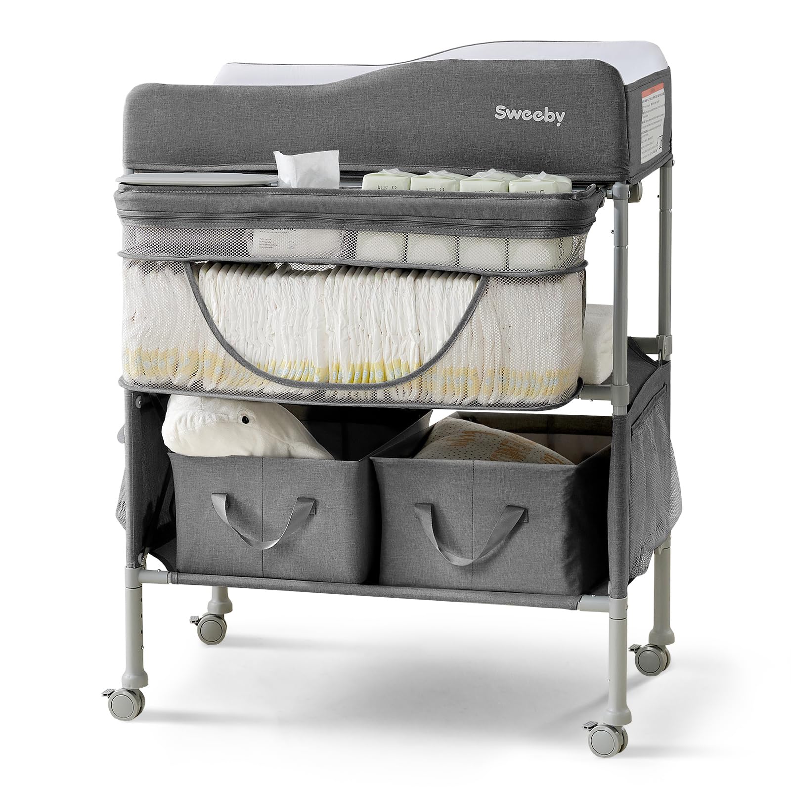 Sweeby portable changing table folded for compact storage and mobility.