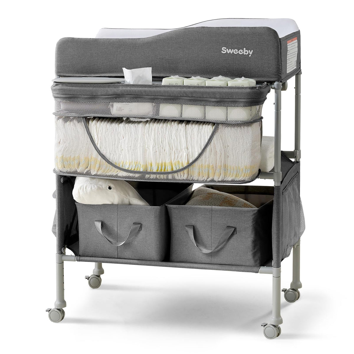 Sweeby portable changing table folded for compact storage and mobility.