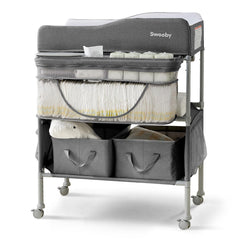 Sweeby portable changing table folded for compact storage and mobility.