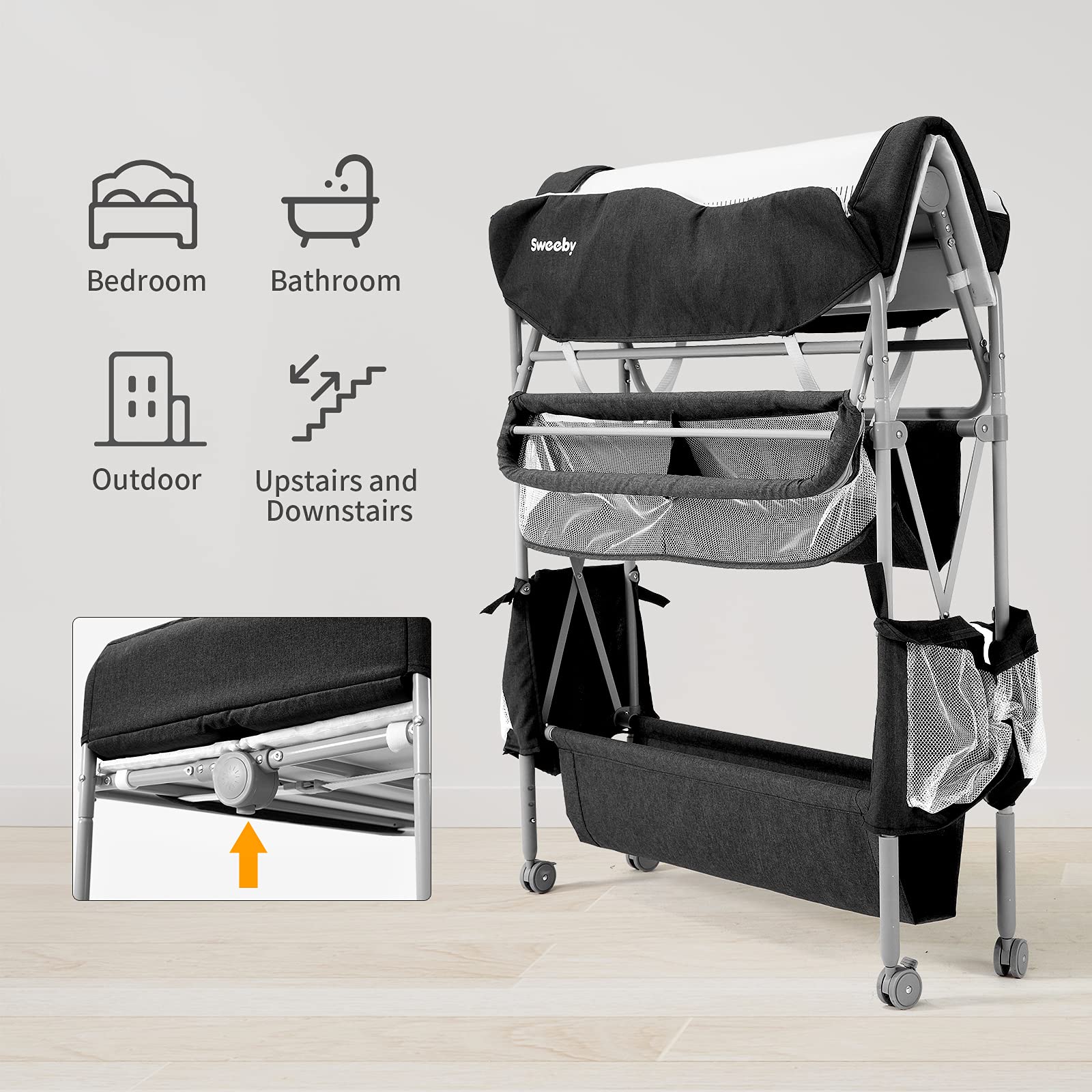 Sweeby storage basket and pockets organize baby essentials at hand
